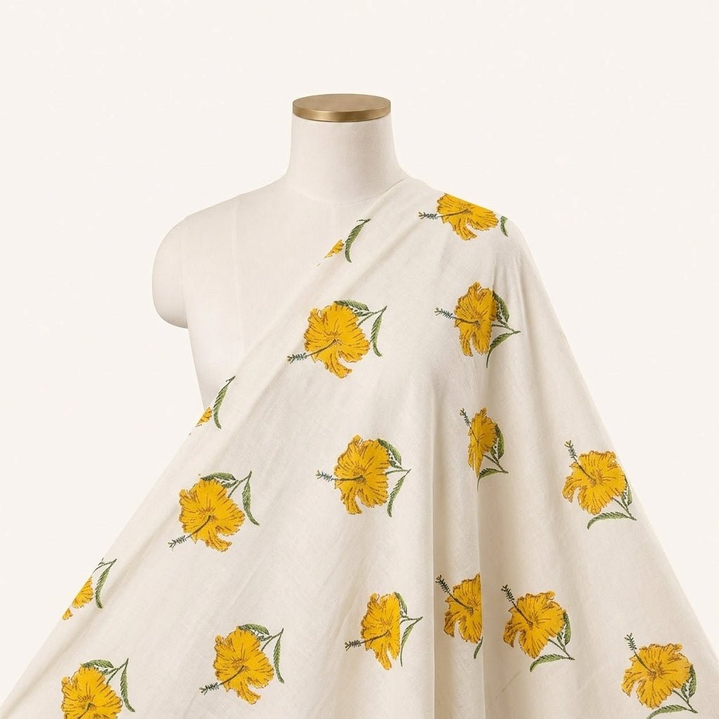 Floral White Yellow Floral Linen Fabric Draped as a saree