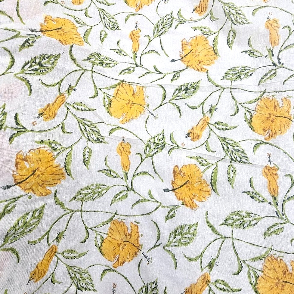 White Yellow Floral Linen Fabric - EB13285 - EB13285 - Flat fabric