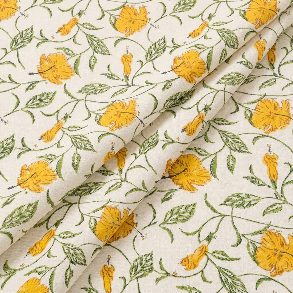 Folded Floral White Yellow Floral Linen Fabric