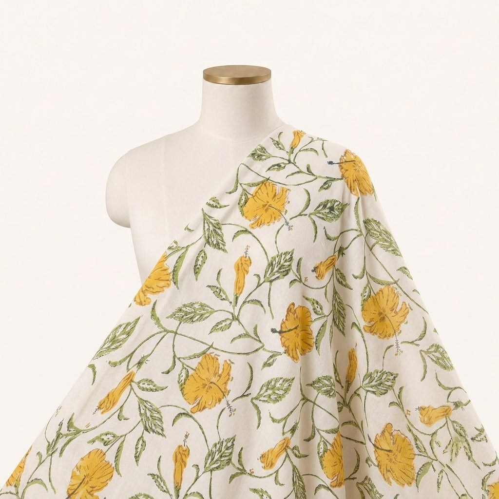 Floral White Yellow Floral Linen Fabric Draped as a saree