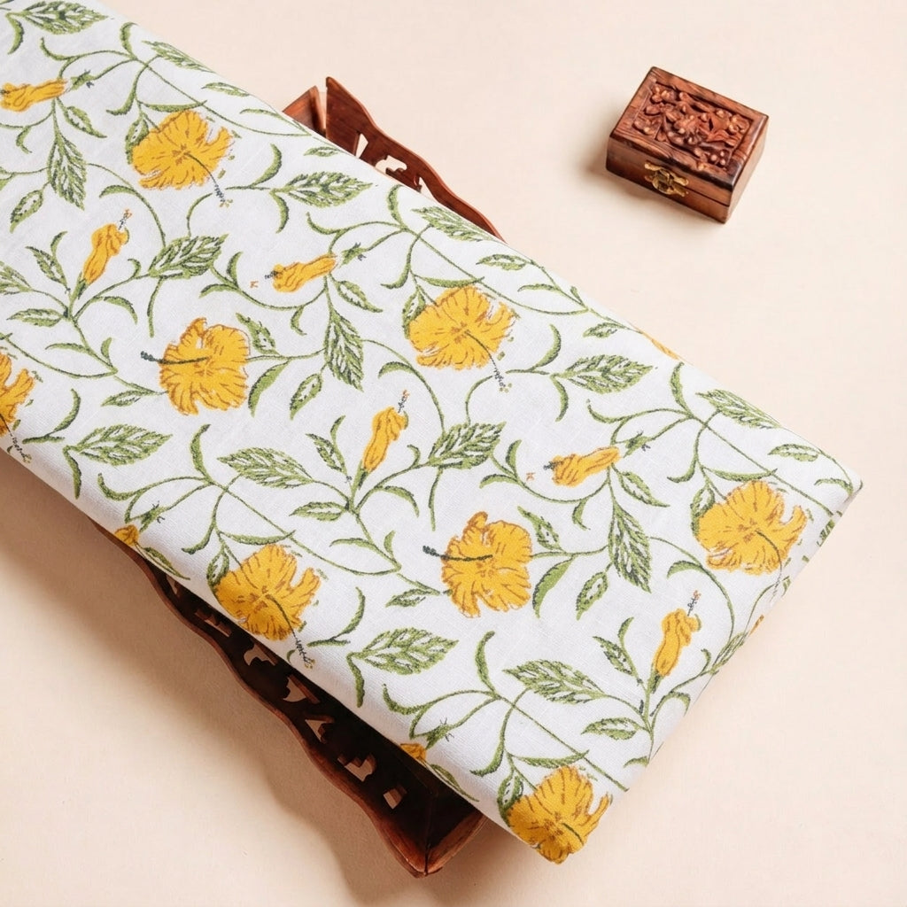 Folded White Yellow Floral Linen Fabric Highlighting and Texture