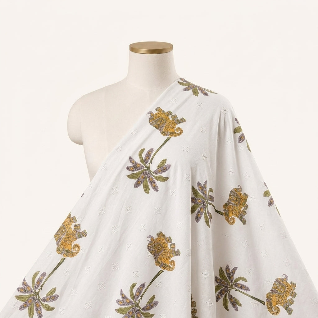Embroidery White Embroidery Cotton Fabric Draped as a saree
