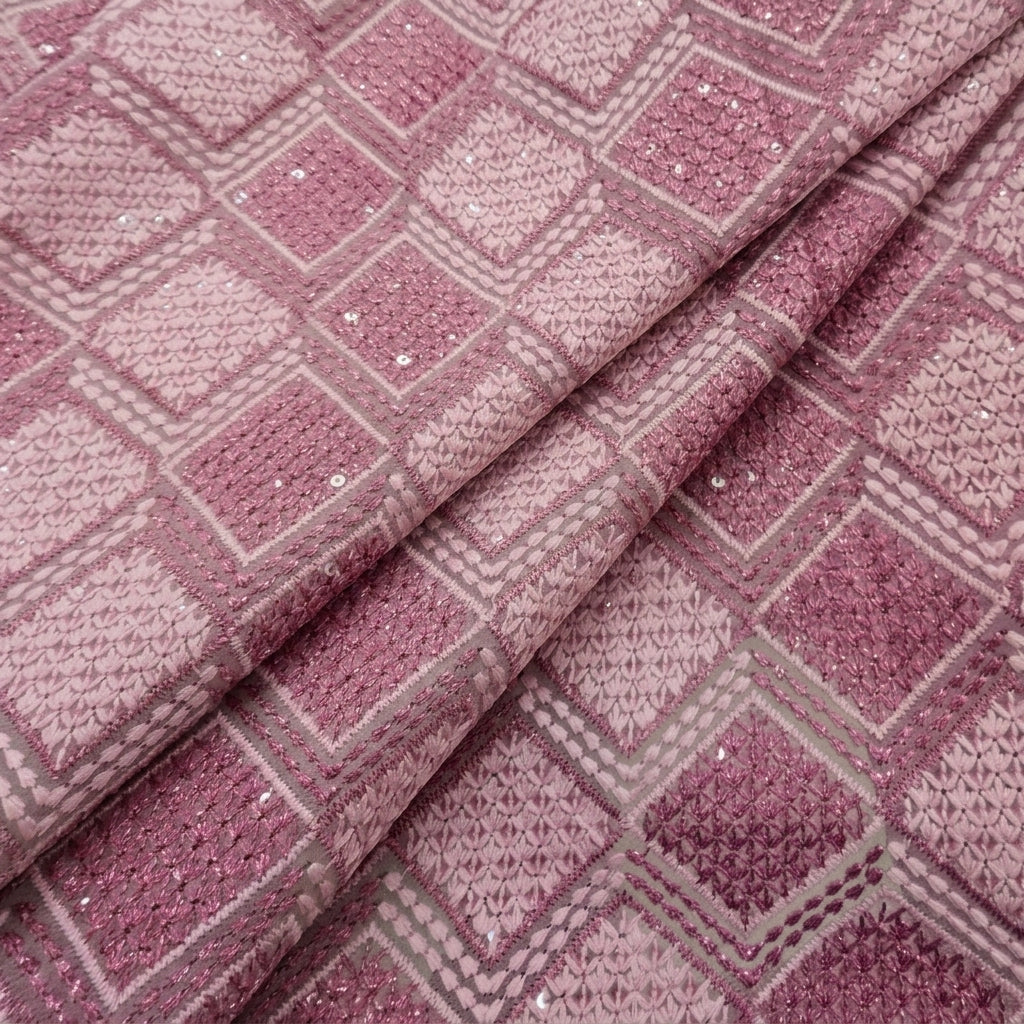 Folded Embroidery Pink Embroidery Georgette Fabric