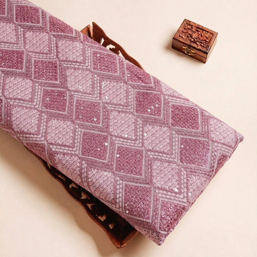 Folded Pink Embroidery Georgette Fabric Highlighting Sequin Diamond and Texture