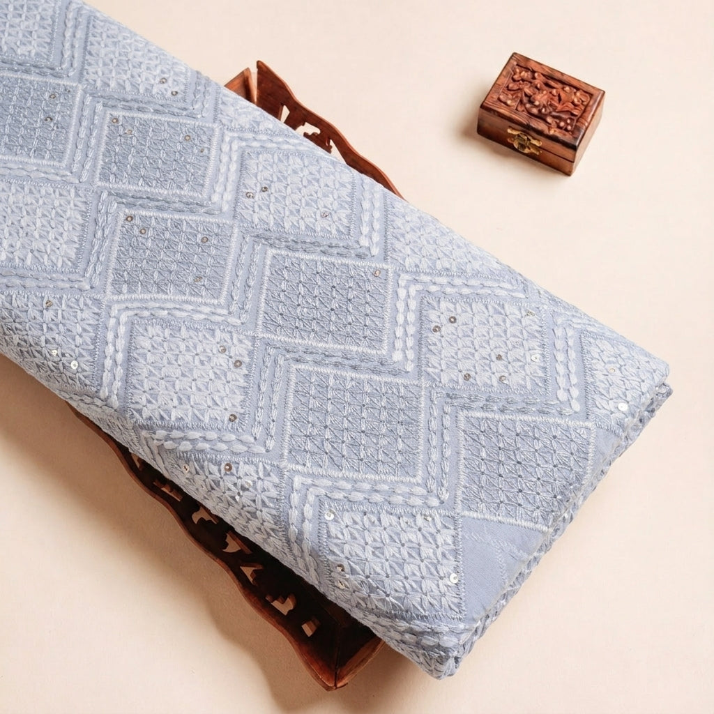 Folded Grey Embroidery Georgette Fabric Highlighting Sequin Diamond and Texture