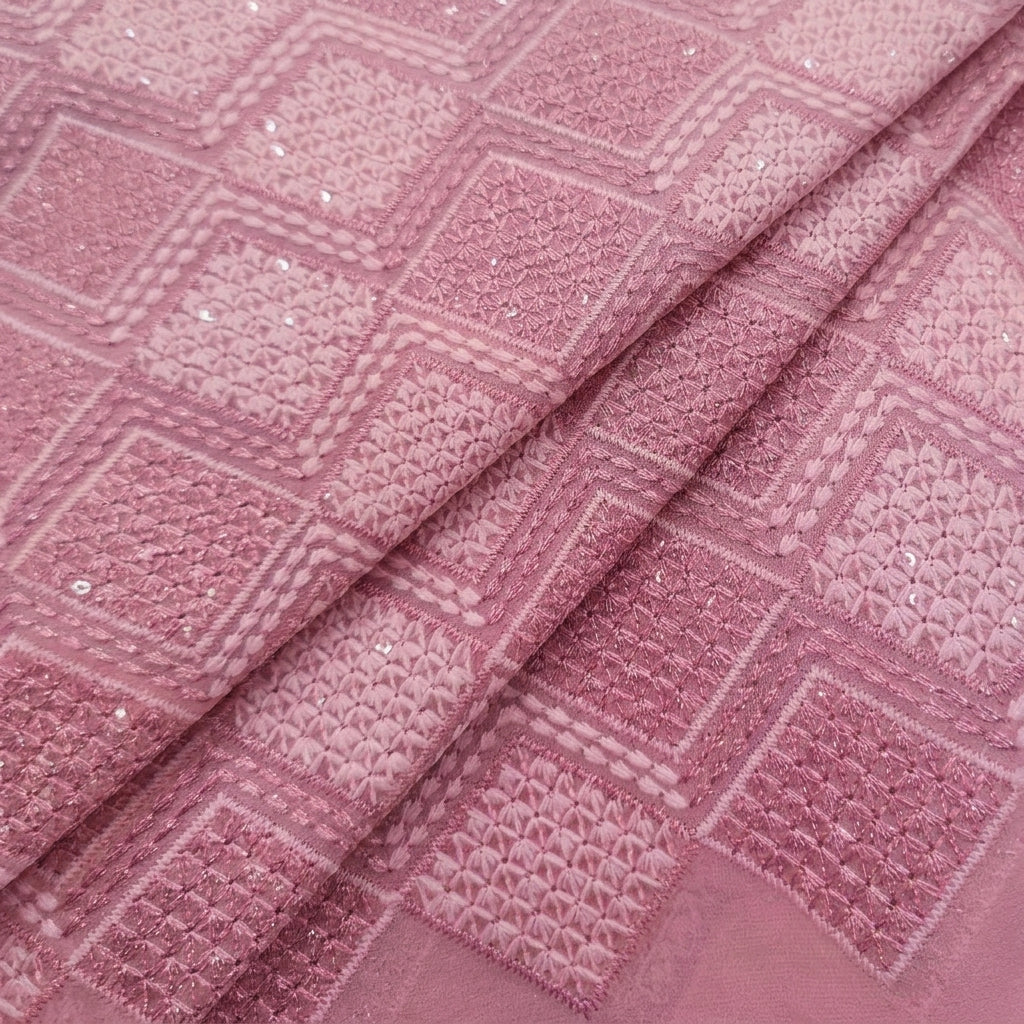 Folded Embroidery Light Pink Embroidery Georgette Fabric