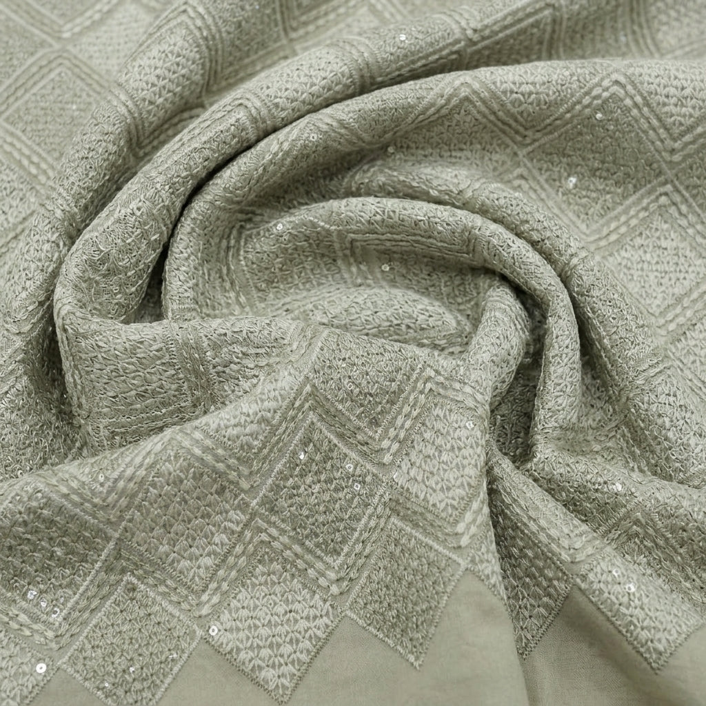 Swirled Embroidery Green Embroidery Georgette Fabric