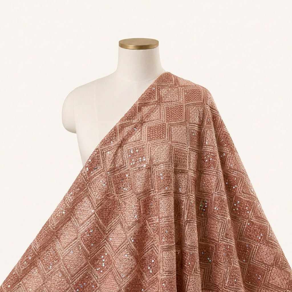 Embroidery Peach Embroidery Georgette Fabric Draped as a saree