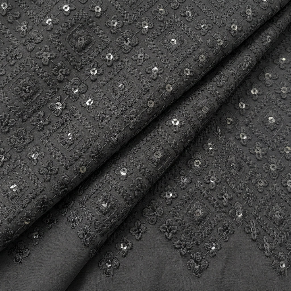 Folded Embroidery Black Embroidery Georgette Fabric