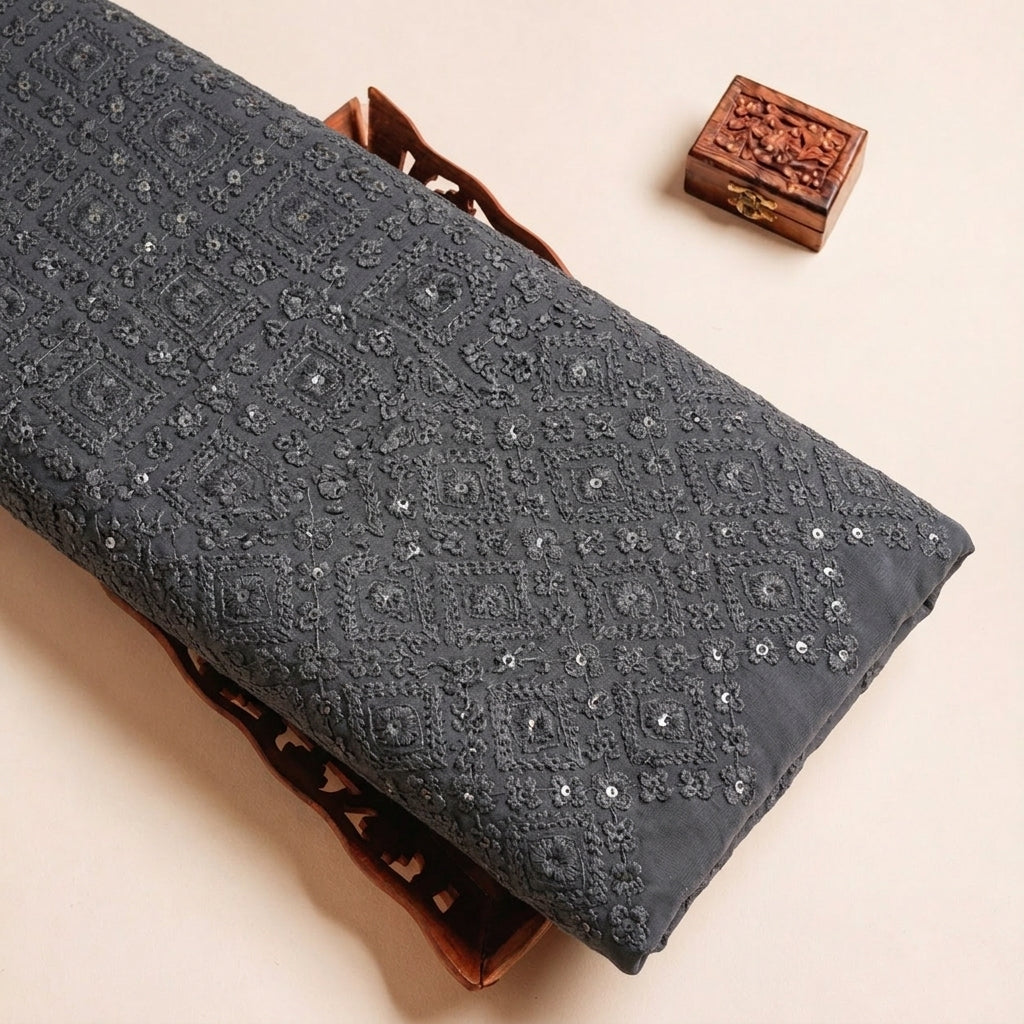 Black Embroidery Georgette Fabric - EB13303 - EB13303 - tray_3