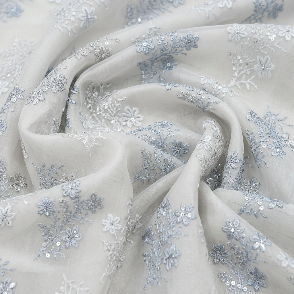 Ash Blue Embroidery Georgette Fabric - EB13304 - EB13304 - Swirl