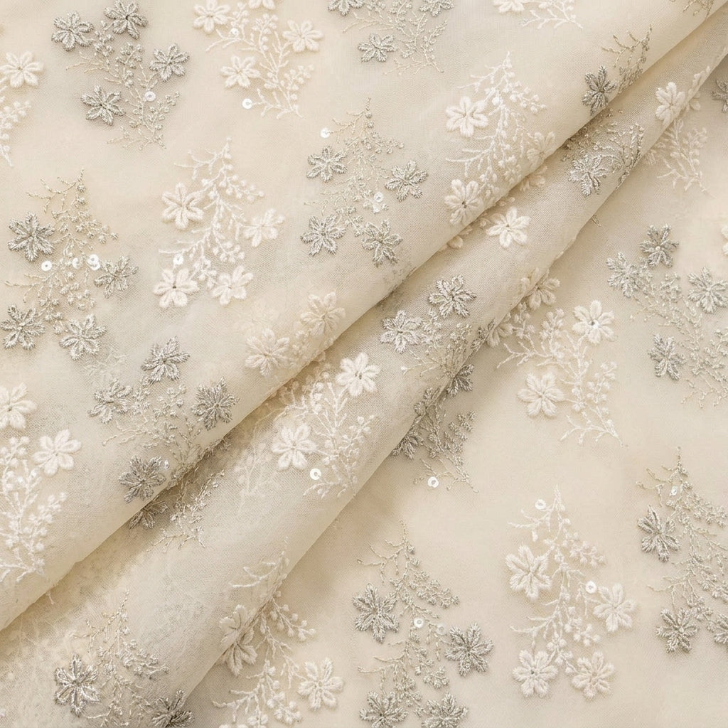Folded Embroidery Biege Embroidery Georgette Fabric