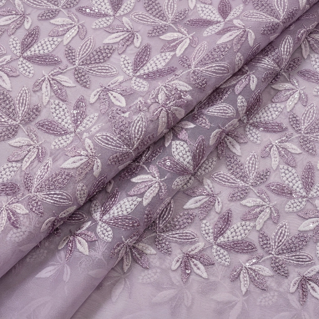 Folded Embroidery Violet Embroidery Georgette Fabric