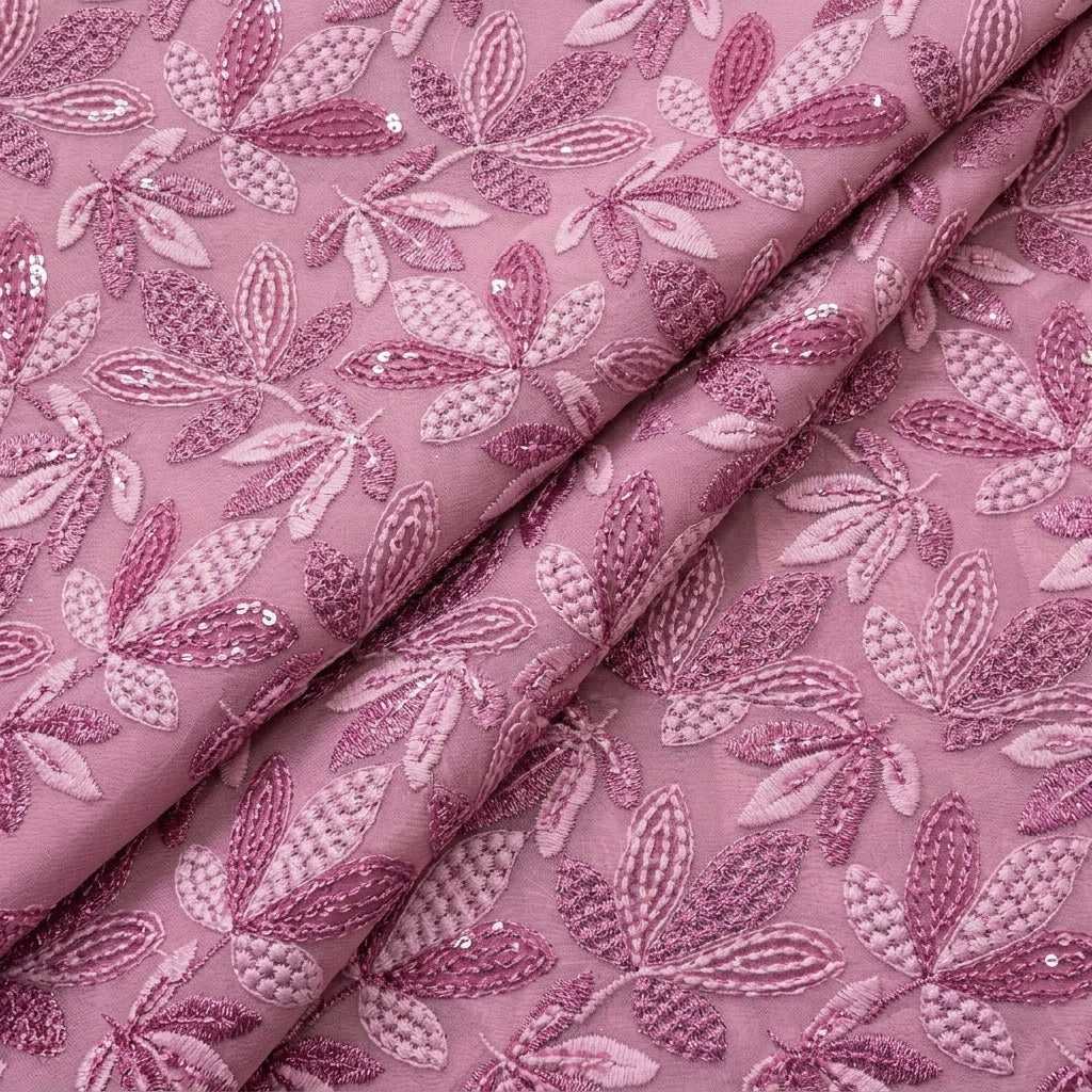 Folded Embroidery Pink Embroidery Georgette Fabric