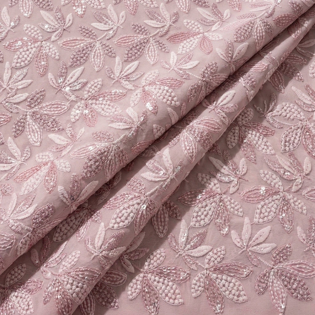 Folded Embroidery Dusty Pink Embroidery Georgette Fabric