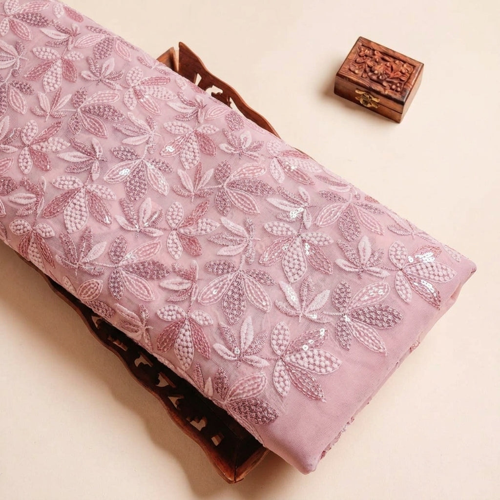 Folded Dusty Pink Embroidery Georgette Fabric Highlighting and Texture