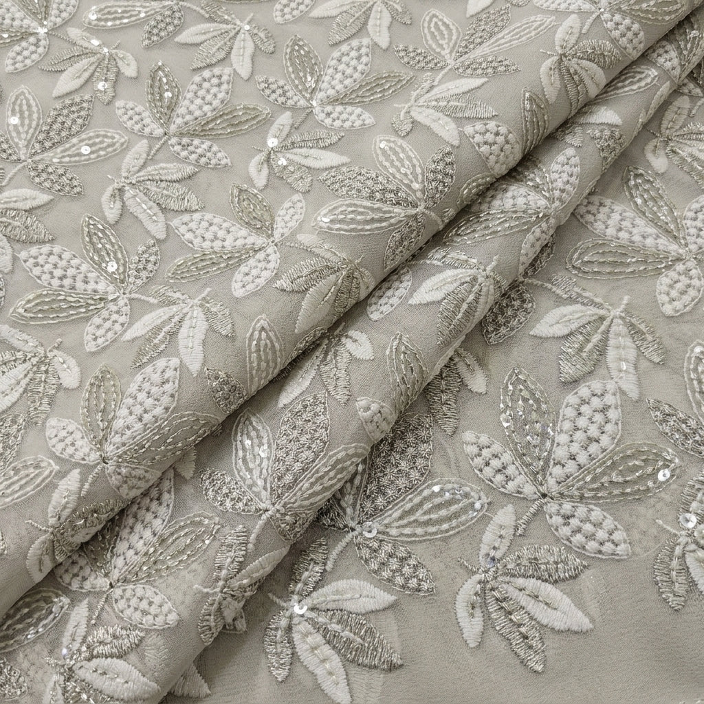 Folded Embroidery Green Embroidery Georgette Fabric