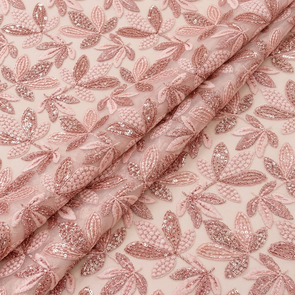 Folded Embroidery Peach Embroidery Georgette Fabric