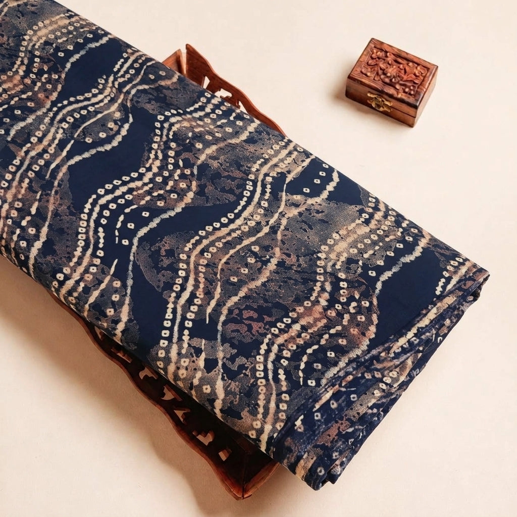 Folded Blue Bandhini Crepe Fabric Highlighting and Texture
