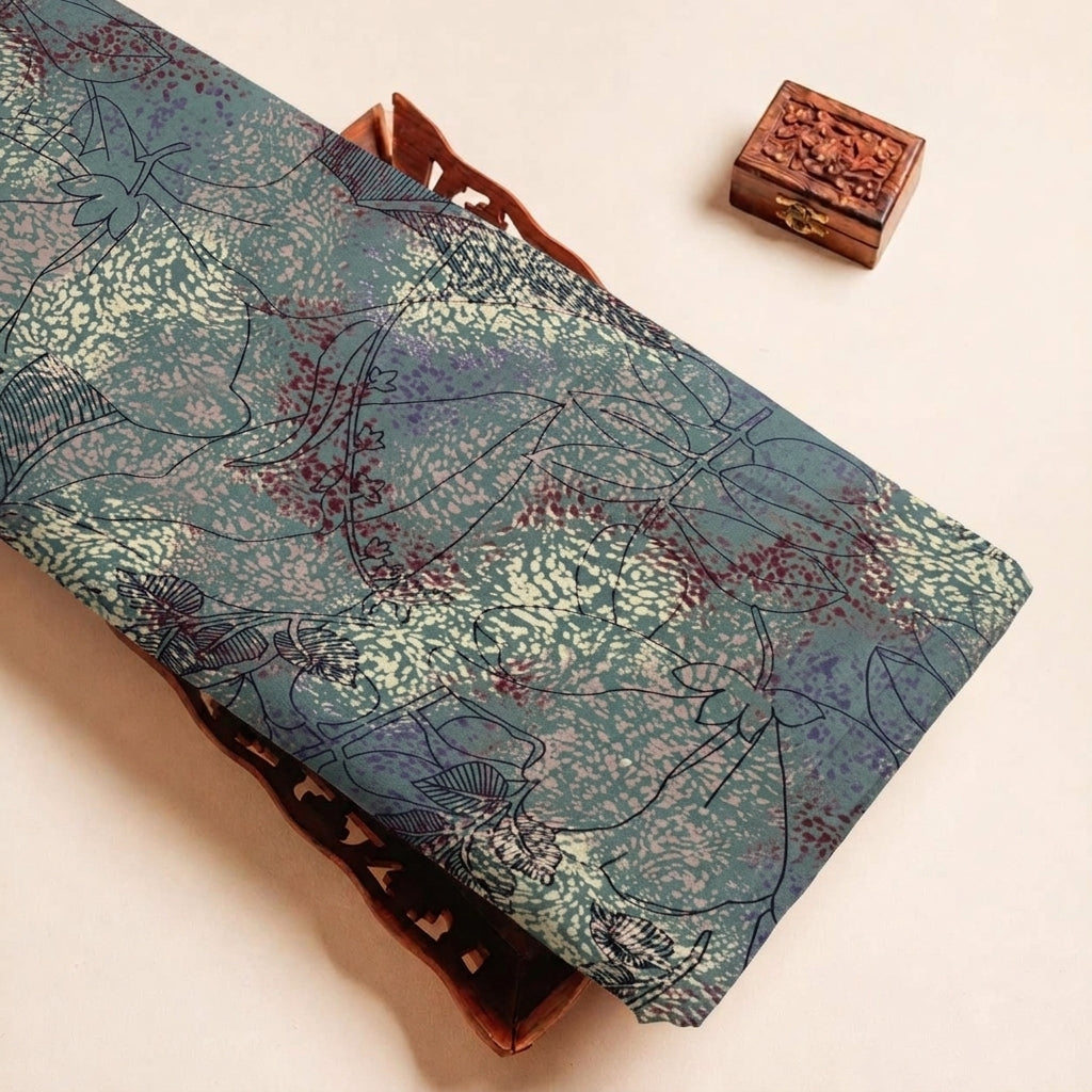 Folded Green Floral Crepe Fabric Highlighting and Texture