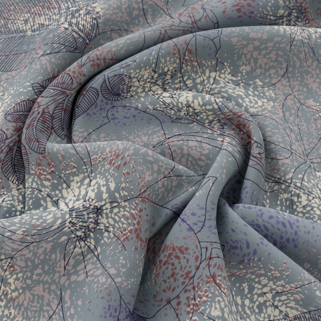 Swirled Floral Grey Floral Crepe Fabric