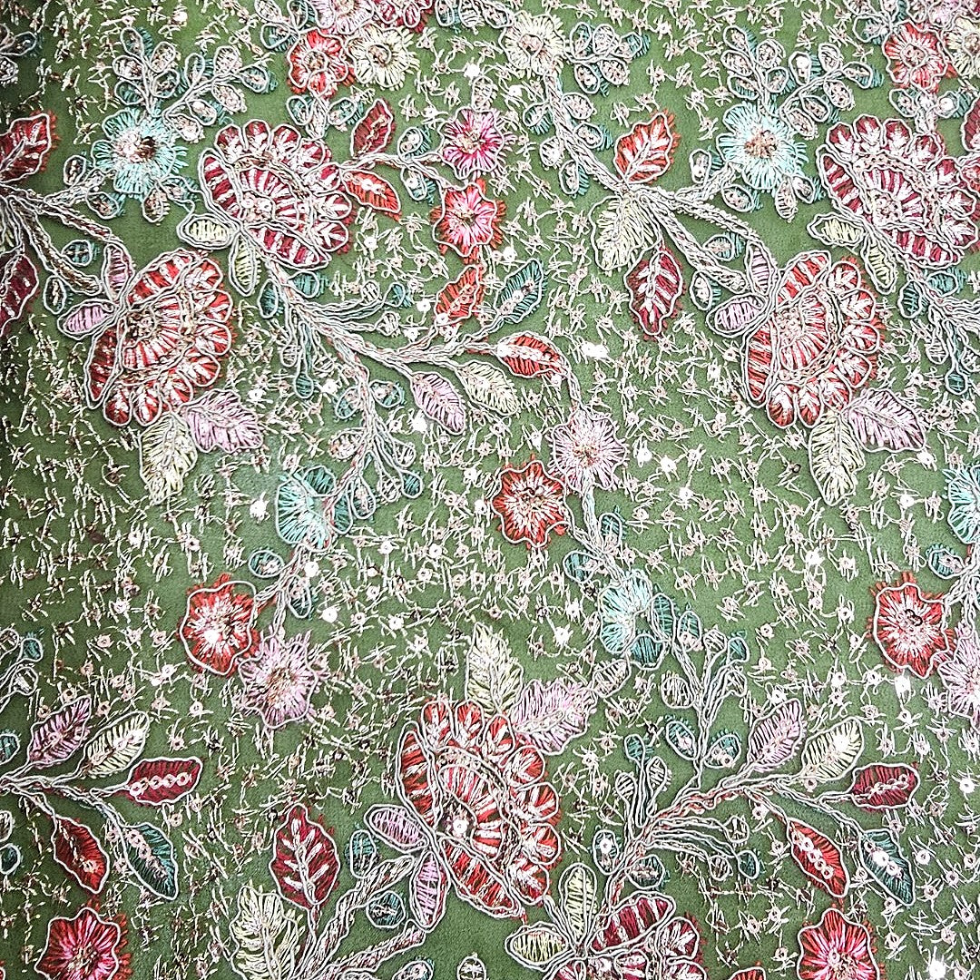 Green Embroidery Georgette Fabric - EB13336 - EB13336 - Flat fabric