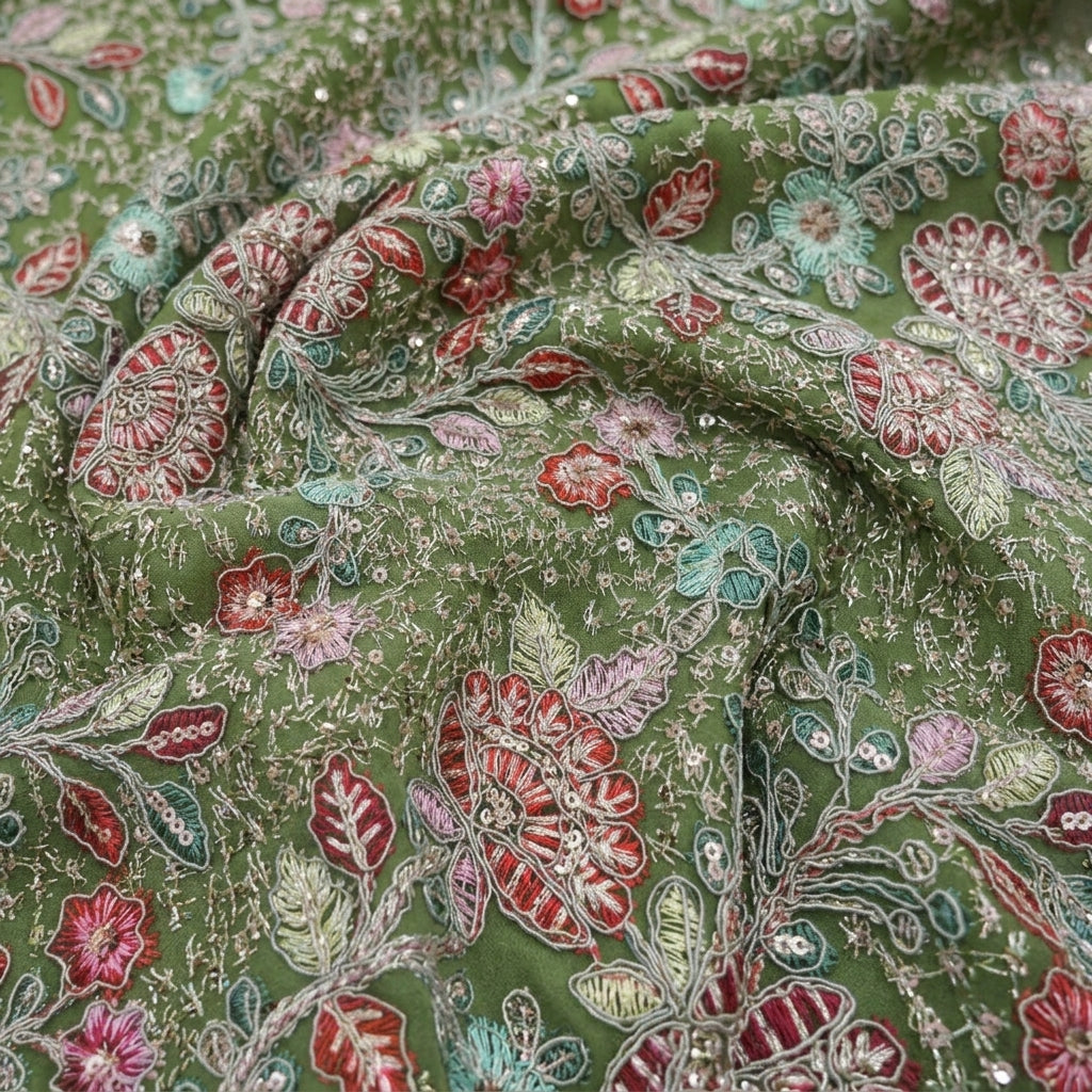 Swirled Embroidery Green Embroidery Georgette Fabric