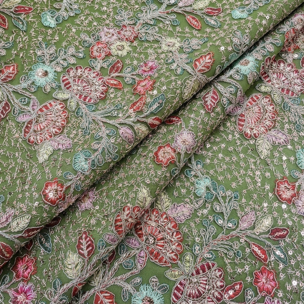 Folded Embroidery Green Embroidery Georgette Fabric