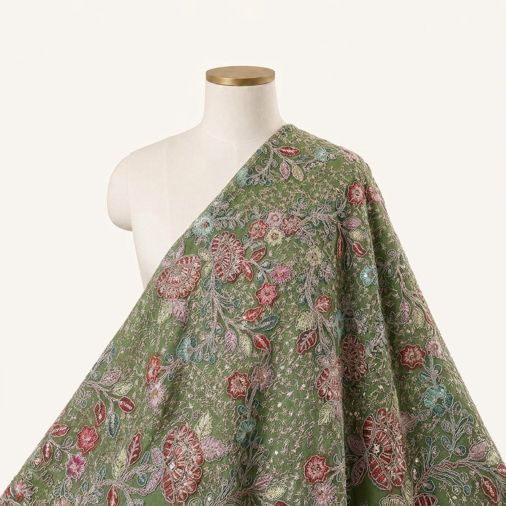 Embroidery Green Embroidery Georgette Fabric Draped as a saree