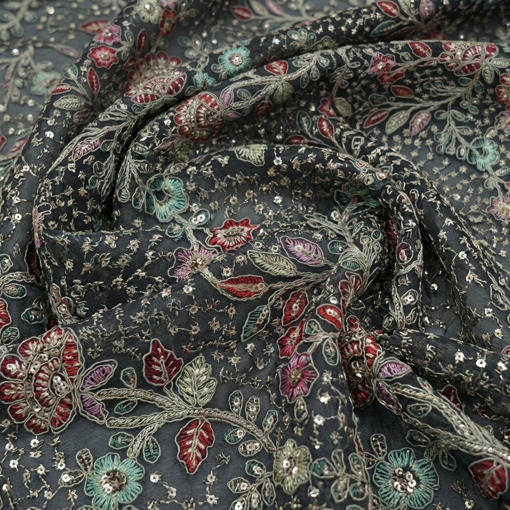Swirled Embroidery Black Embroidery Georgette Fabric
