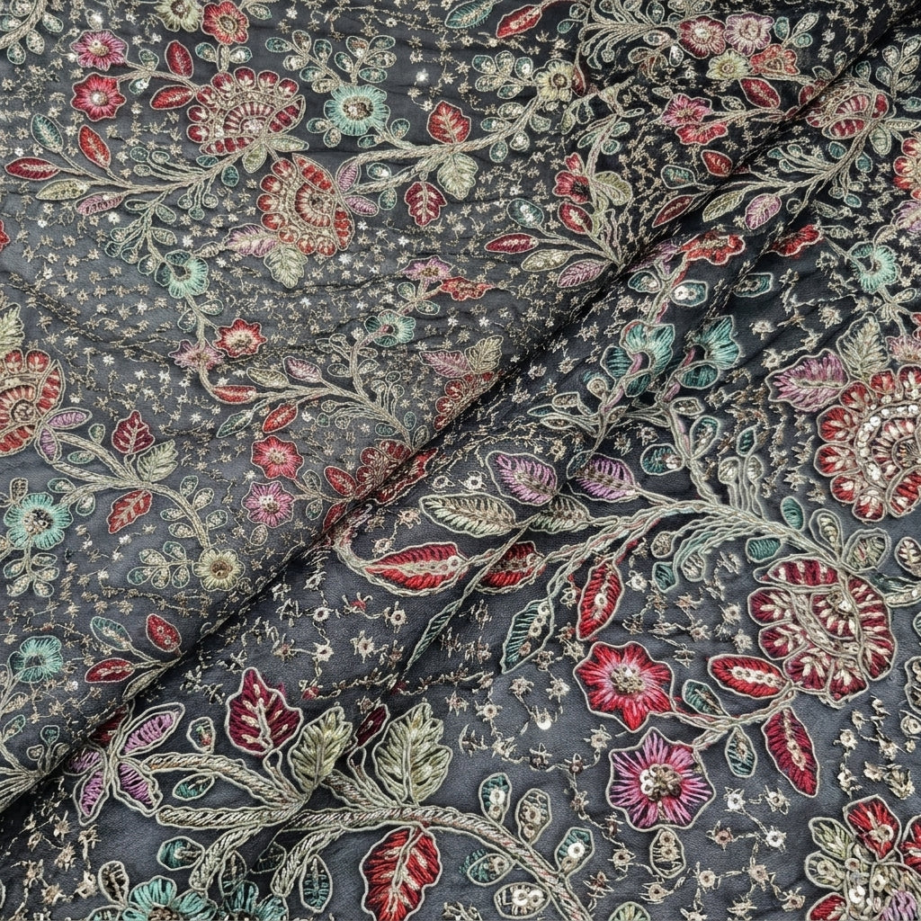 Folded Embroidery Black Embroidery Georgette Fabric