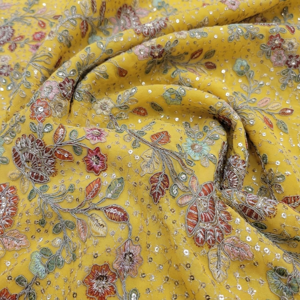 Swirled Embroidery Yellow Embroidery Georgette Fabric