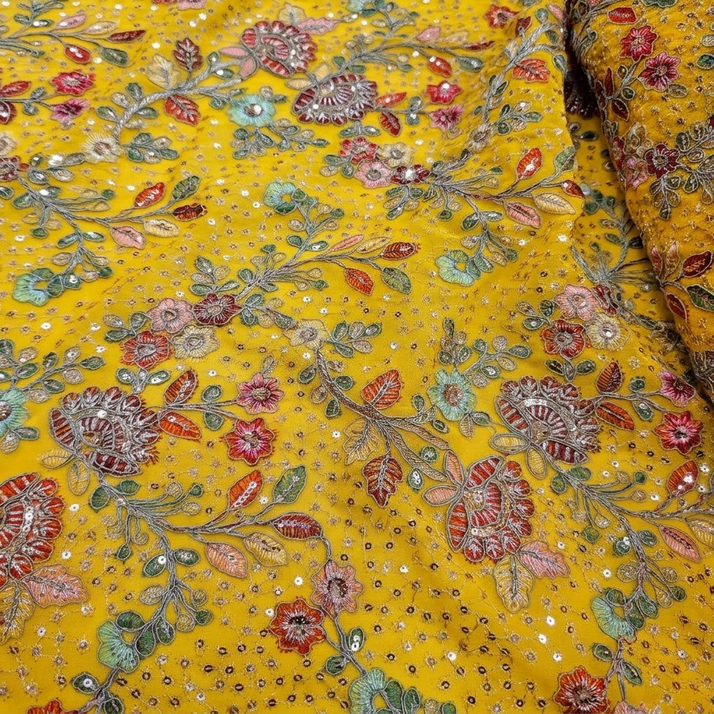 Folded Embroidery Yellow Embroidery Georgette Fabric
