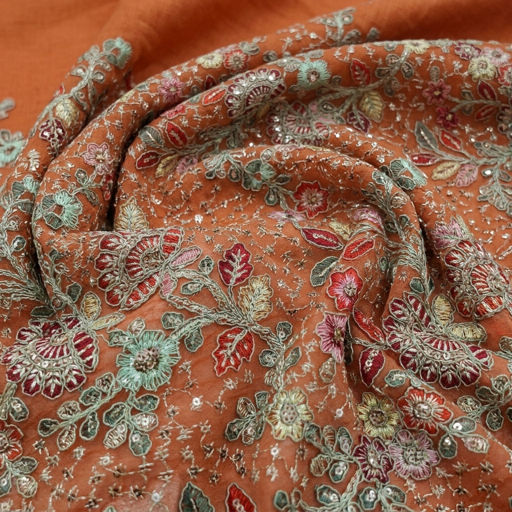 Swirled Embroidery Orange Embroidery Georgette Fabric