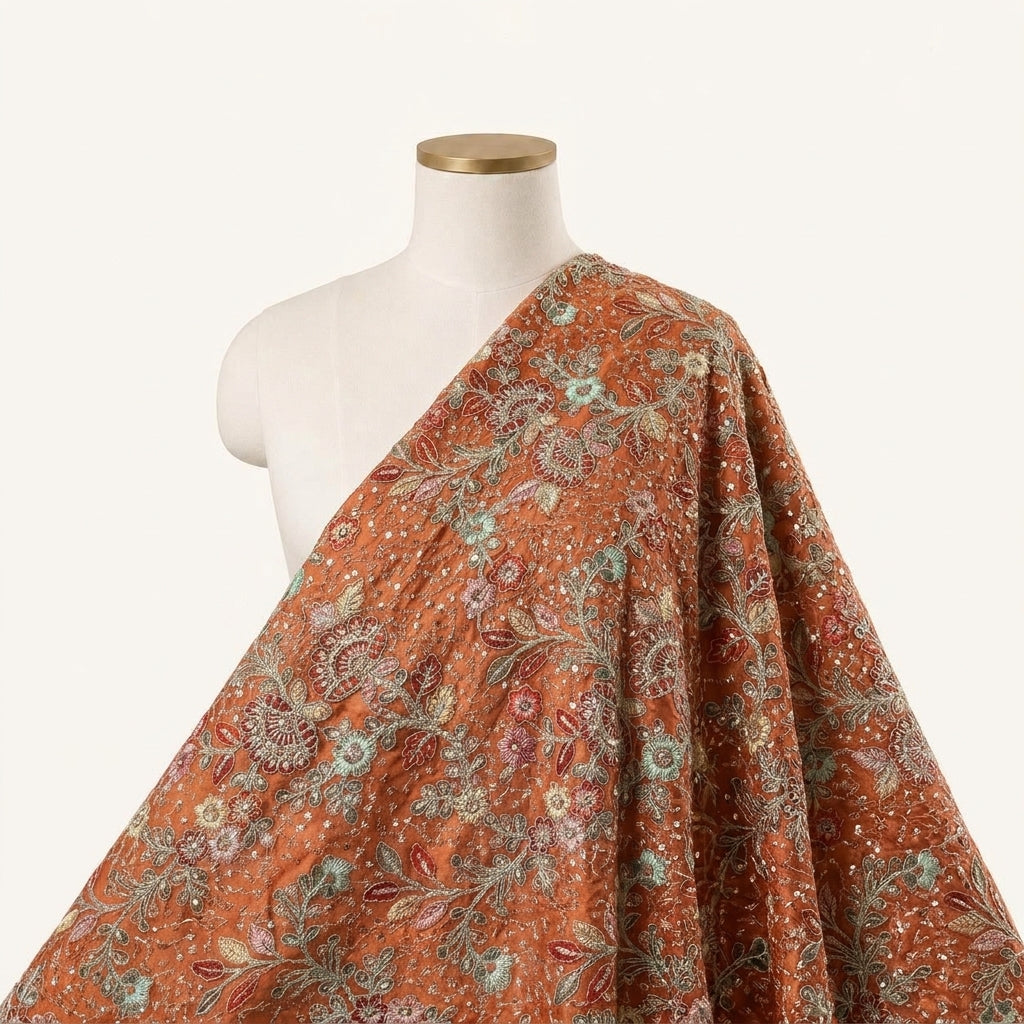 Embroidery Orange Embroidery Georgette Fabric Draped as a saree