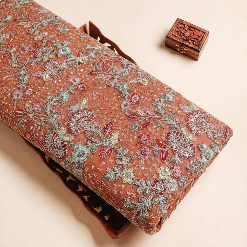 Folded Orange Embroidery Georgette Fabric Highlighting and Texture