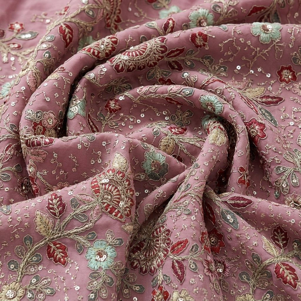 Swirled Embroidery Dusty Pink Embroidery Georgette Fabric