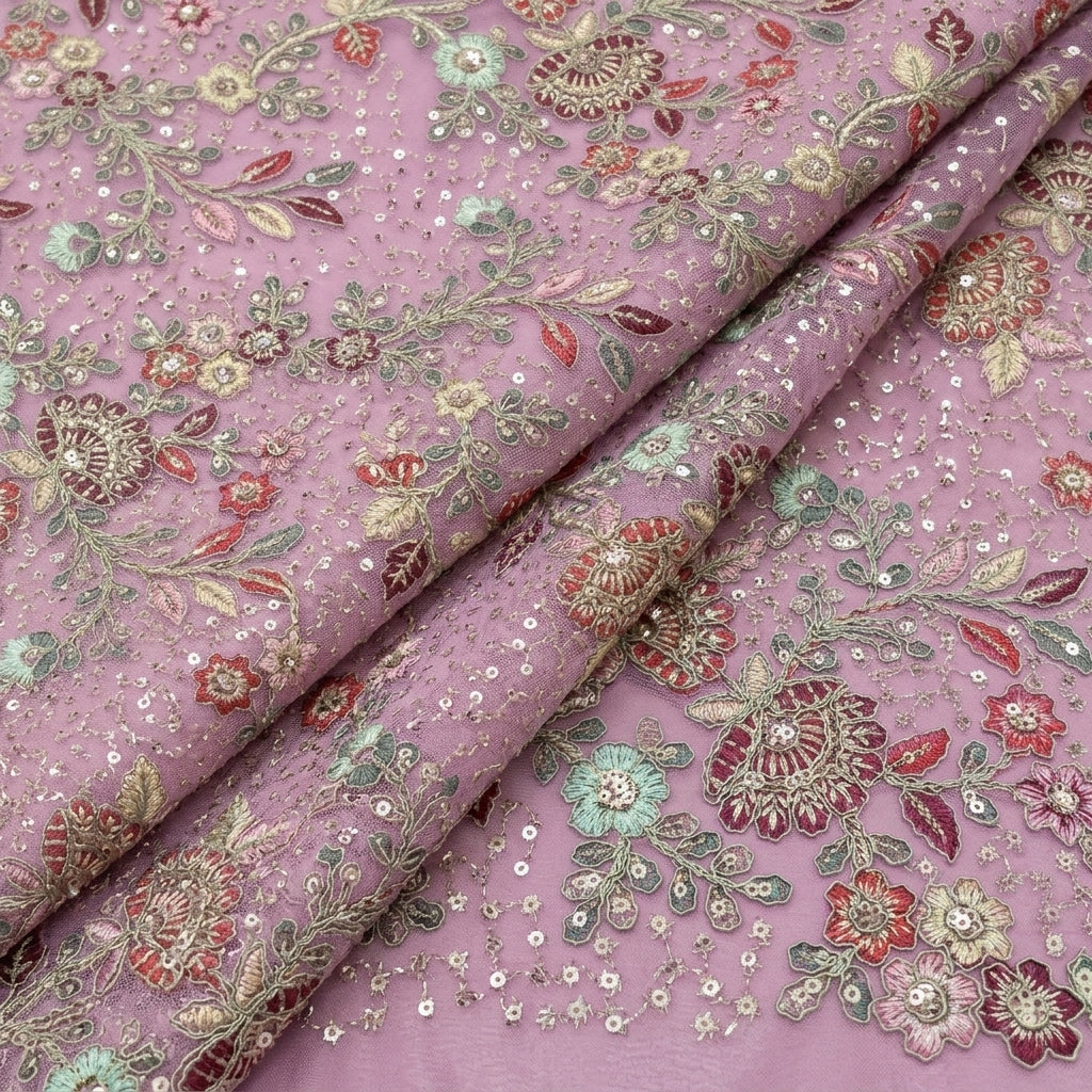 Folded Embroidery Dusty Pink Embroidery Georgette Fabric