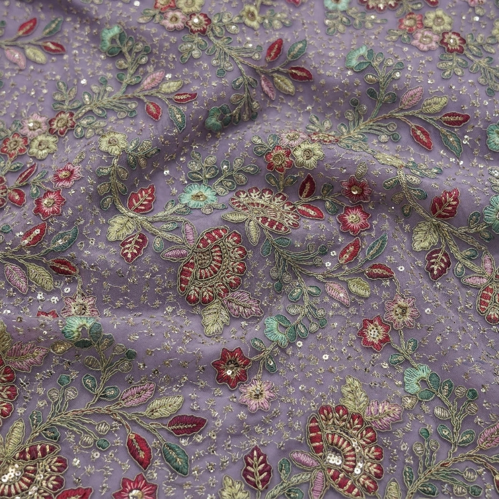 Swirled Embroidery Violet Embroidery Georgette Fabric