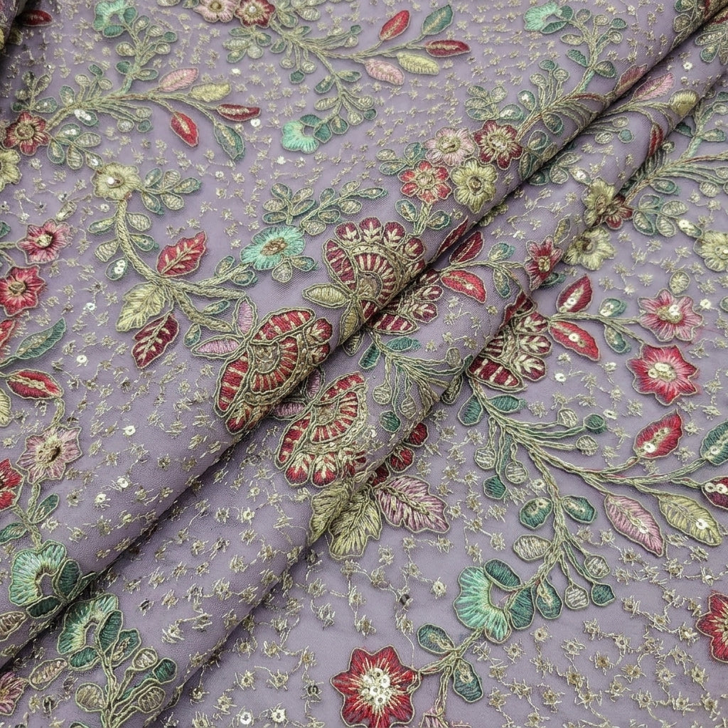 Folded Embroidery Violet Embroidery Georgette Fabric