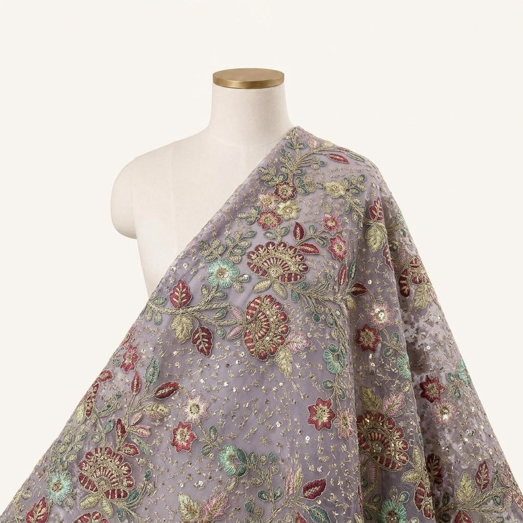 Embroidery Violet Embroidery Georgette Fabric Draped as a saree