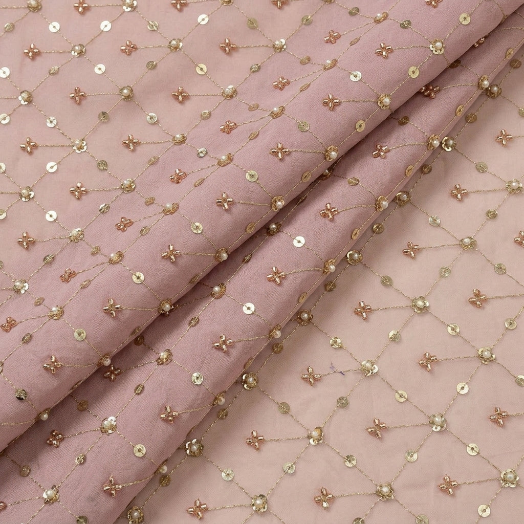 Folded Embroidery Baby Pink Embroidery Crepe Fabric