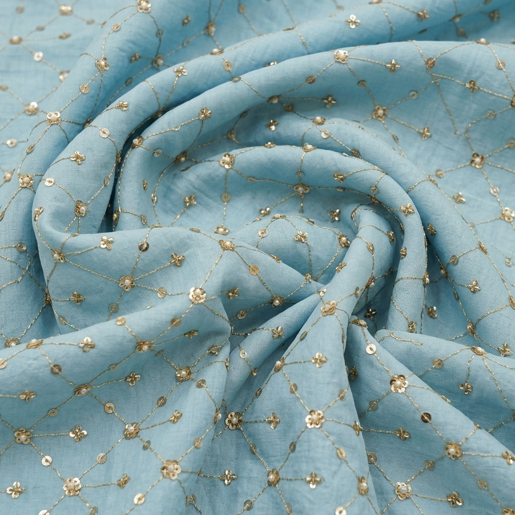 Swirled Embroidery Blue Embroidery Crepe Fabric