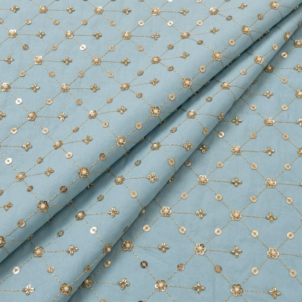 Folded Embroidery Blue Embroidery Crepe Fabric