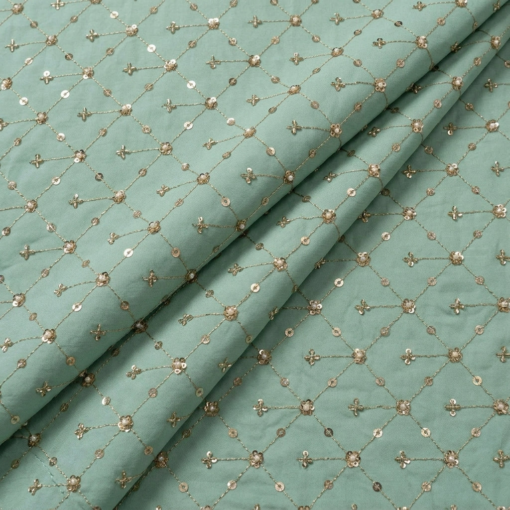 Folded Embroidery Green Embroidery Crepe Fabric