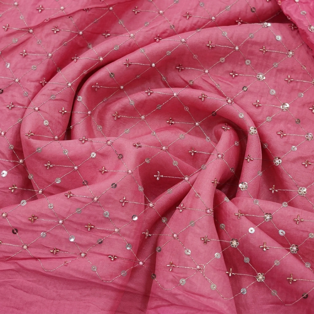 Swirled Embroidery Pink Embroidery Crepe Fabric