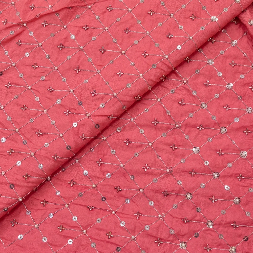 Folded Embroidery Pink Embroidery Crepe Fabric
