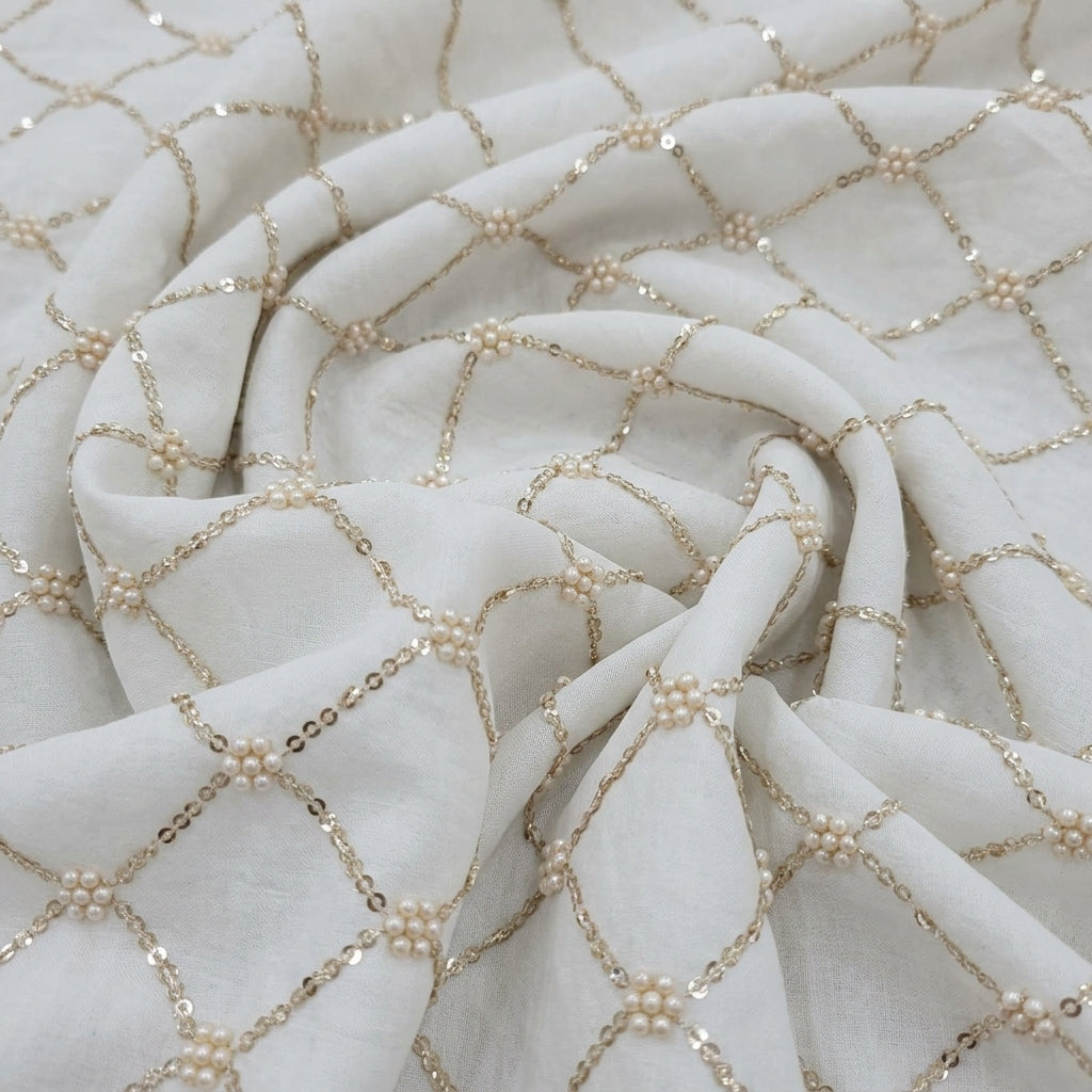 Swirled Embroidery White Embroidery Crepe Fabric