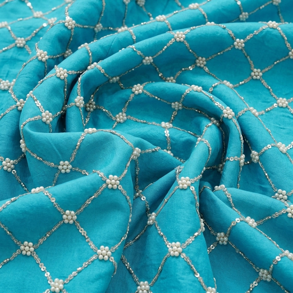 Swirled Embroidery Blue Embroidery Crepe Fabric