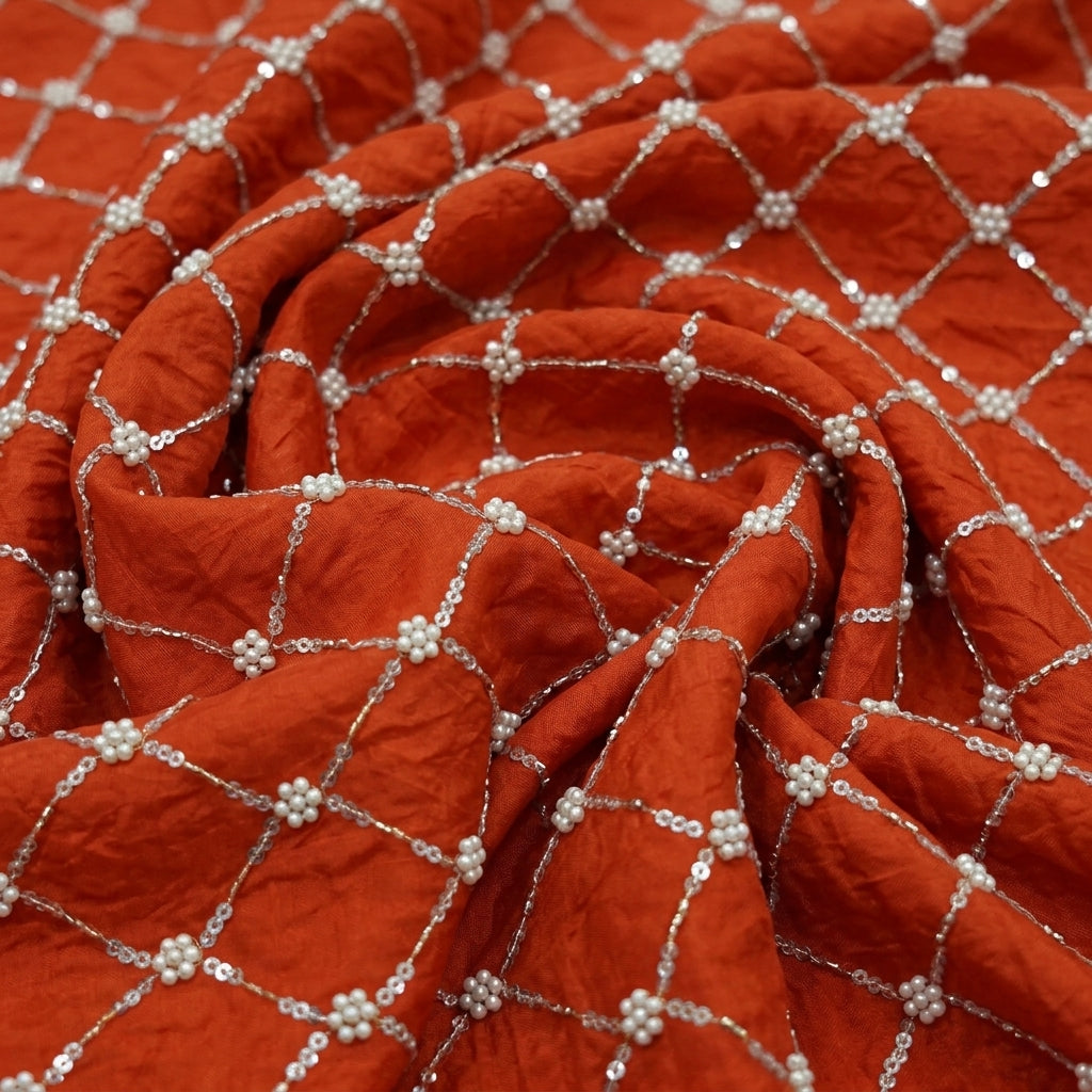 Swirled Embroidery Dark Orange Embroidery Crepe Fabric